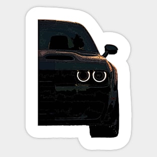 Dark Fury: BLACK Dodge Challenger Fiery Front Half Body Posterize Car Design Sticker